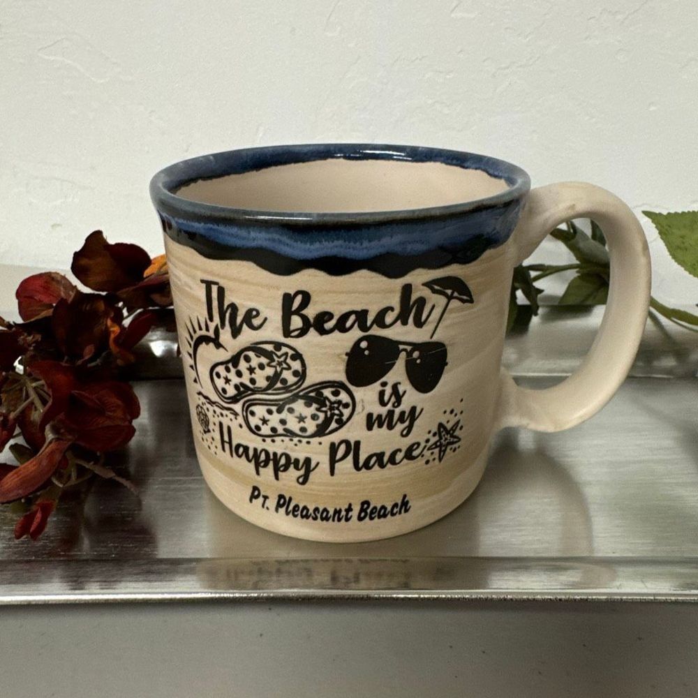 Beach Coffee Mug Ceramic Blue Trim “Happy Place” Mt Pleasant Beach Vacation